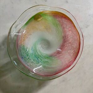 Vintage Murano pastel swirl pattern art glass bowl with fluted edges